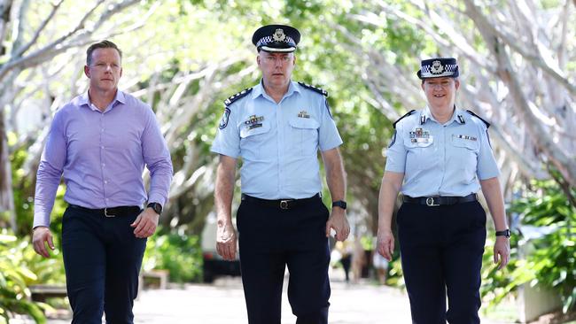 Senior Executive Director from the Department of Children, Youth Justice and Multicultural Affairs Michael Drane, acting Chief Superintendent Chris Hodgman and Youth Justice Taskforce Assistant Commissioner Cheryl Scanlon on the Cairns Esplanade. Picture: Brendan Radke