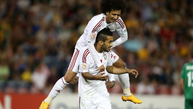 Ali Mabkhout of the United Arab Emirates celebrates with Omar Abdulrahman.