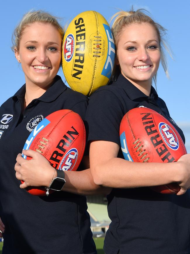 Jess and Sarah on the day they were drafted to Carlton four years ago. Picture: Tony Gough