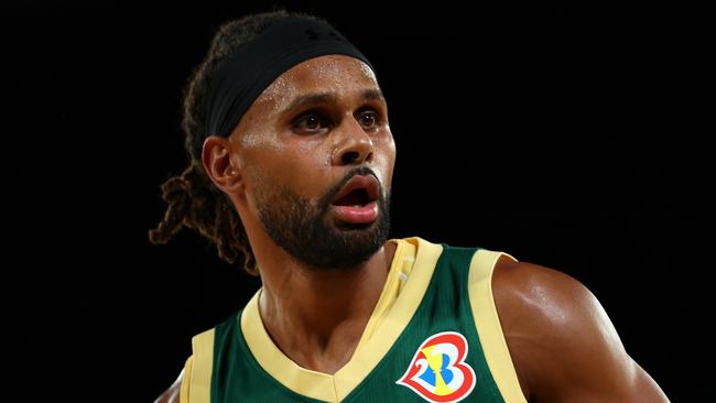 MELBOURNE, AUSTRALIA - AUGUST 14: Patty Mills of the Boomers looks on during the match between Australia Boomers and Venezuela at Rod Laver Arena on August 14, 2023 in Melbourne, Australia. (Photo by Graham Denholm/Getty Images)