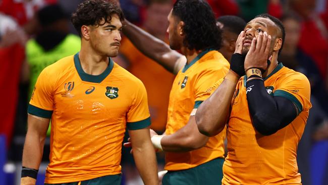 Wallabies teammates Jordan Petaia and Samu Kerevi react after the loss to Wales. Picture: Getty Images