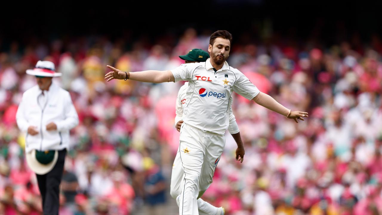 Agha Salman celebrates the wicket of Marnus Labuschagne. Picture: Getty