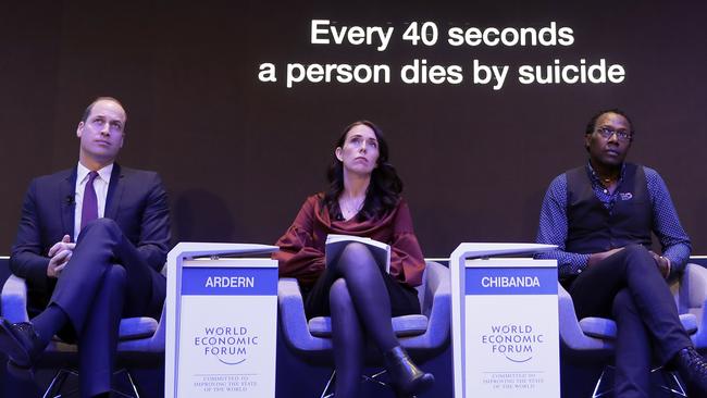 Britain's Prince William, Prime Minister of New Zealand Jacinda Ardern and Dixon Chibanda, Director of the African Mental Health Research Initiative, in Davos.