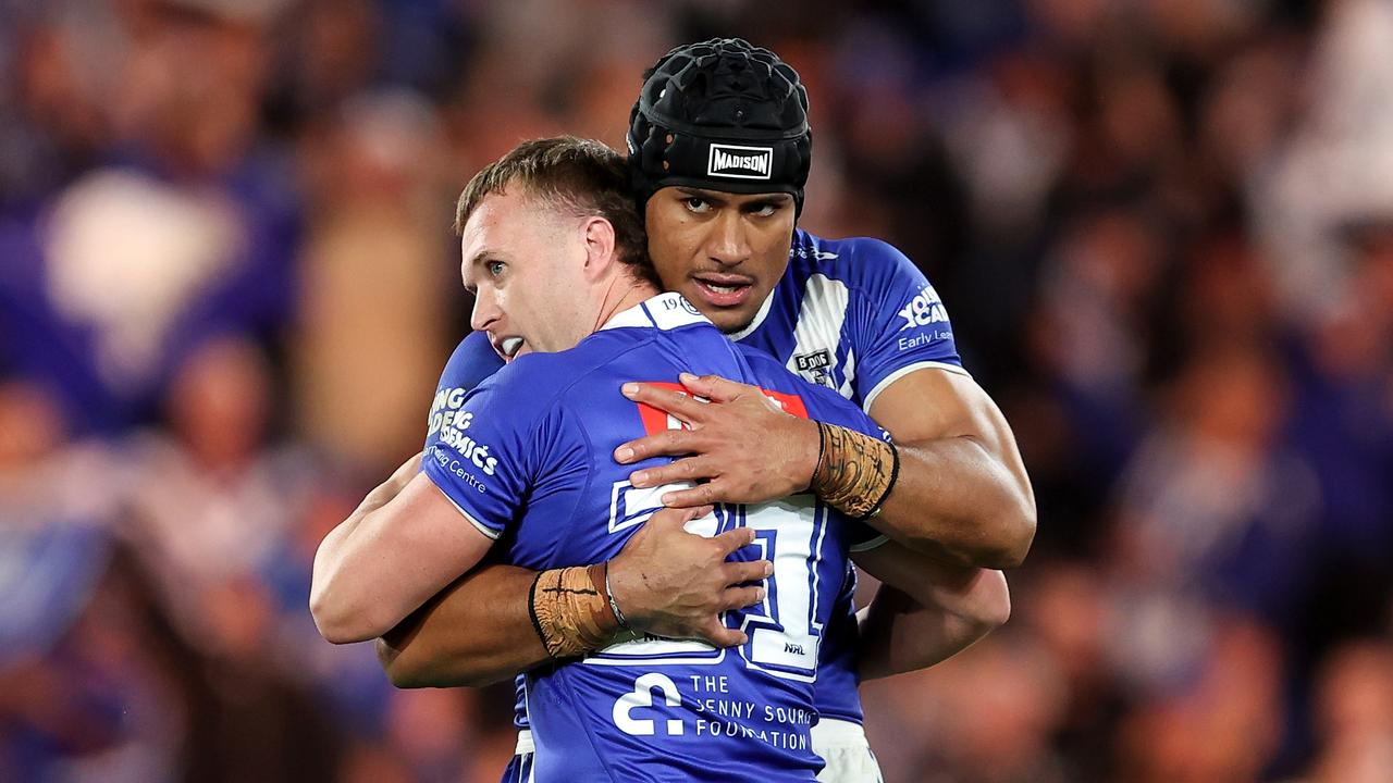 SYDNEY, AUSTRALIA - JUNE 10: Stephen Crichton and Kurtis Morrin of the Bulldogs celebrate at full-time during the round 14 NRL match between Canterbury Bulldogs and Parramatta Eels at Accor Stadium, on June 10, 2024, in Sydney, Australia. (Photo by Brendon Thorne/Getty Images)