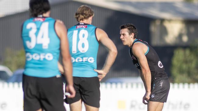 March 6, 2025: Connor Rozee just after injuring  his foot at the Port training/internal trial at Alberton . Picture: Kelly Barnes