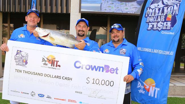 Number 8 tagged barra caught in season two of Million Dollar Fish measured 72cm and was bagged on the Daly River by Howard Springs angler Craig “Curly” Saxelby, flanked here by his mates Christian Ehling and Dazza Nelson.