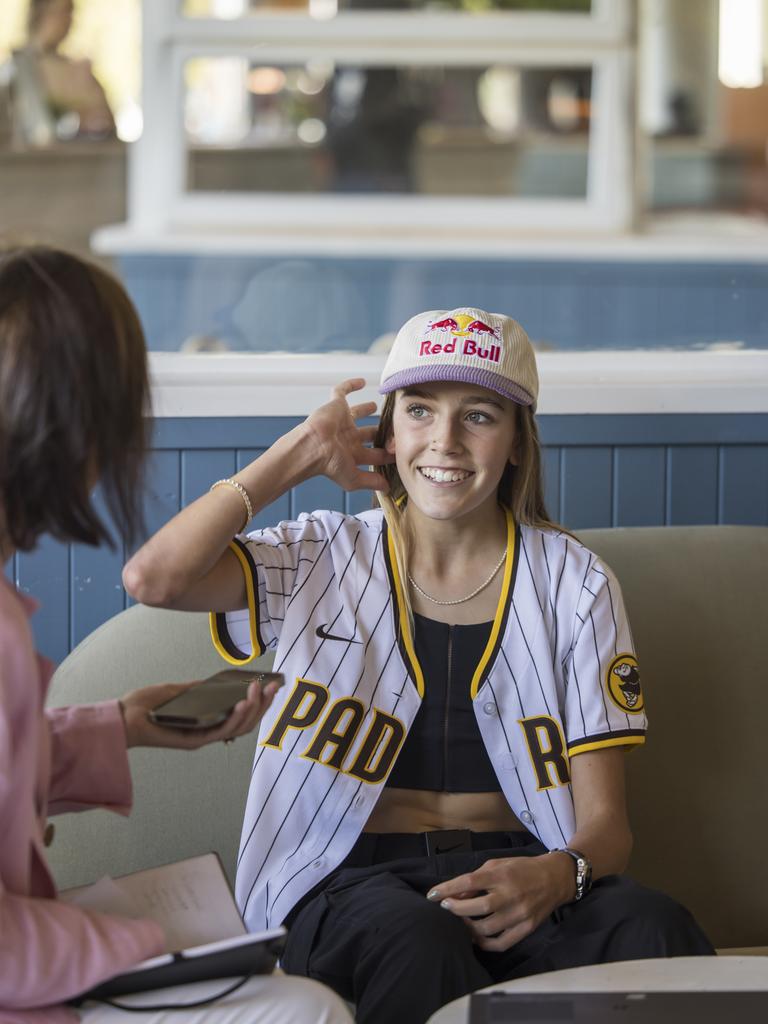 Kids News was pumped to meet Olympic skateboarder Chloe Covell in person, pictured in Coogee after returning from Paris. Picture: Anna Kucera/Red Bull