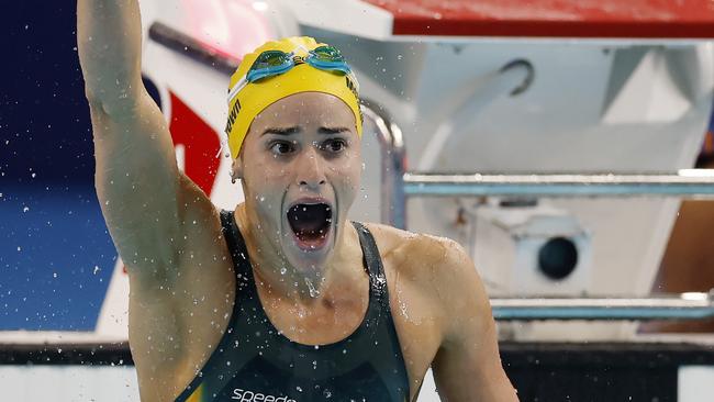 NCA. PARIS FRANCE. 2024 OLYMPIC GAMES. July 30 - Day 4.  Swimming finals at the Paris La Defense Arena.  Womens 100 mtr final.       Kaylee McKeown celebrates after winning gold in the 100 mtr backstroke   . Pic: Michael Klein