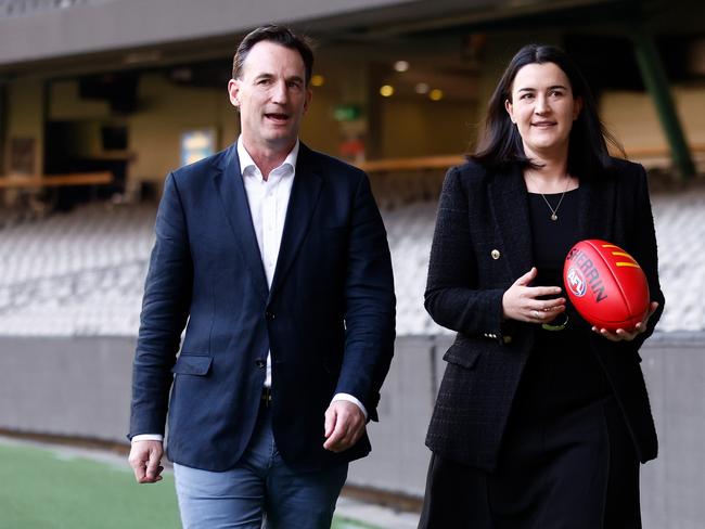 AFL bosses Andrew Dillon and Laura Kane. Picture: Michael Willson/AFL Photos via Getty Images