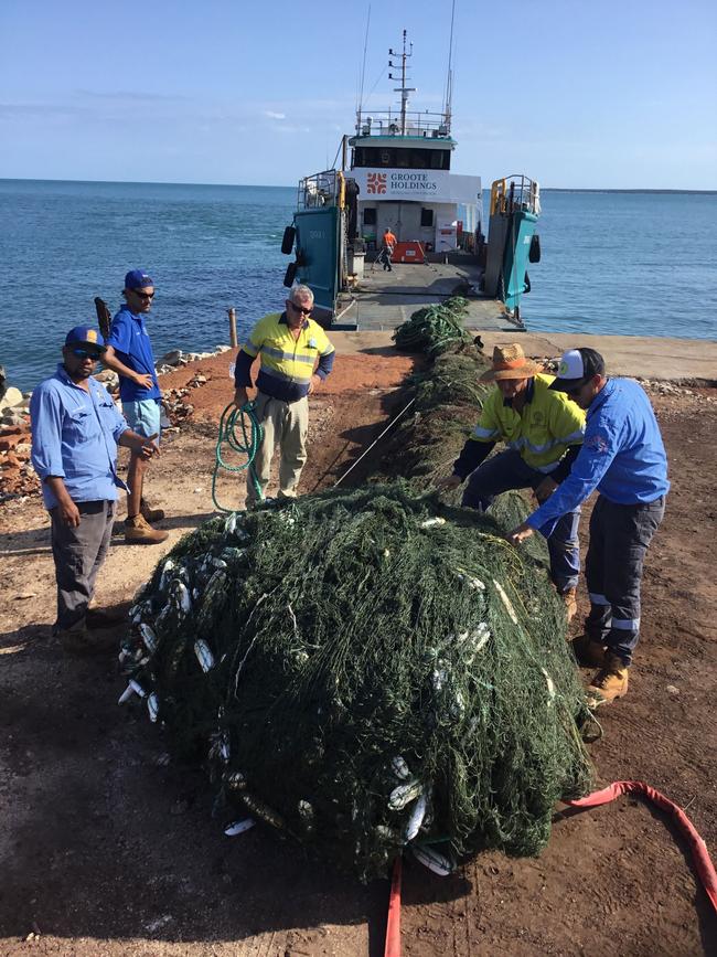 Anindilykwa Rangers retrieve jettisoned ghost nets full of dead wildlife in the gulf of Carpentaria. Picture: Anindilyakwa Rangers