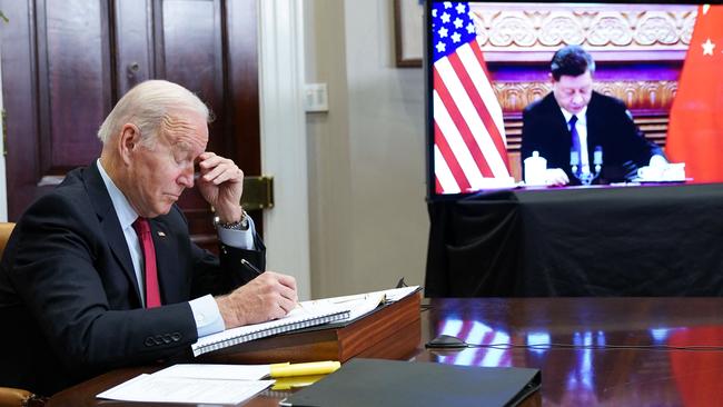 US President Joe Biden during his video conference with Chinese President Xi Jinping. Picture: AFP