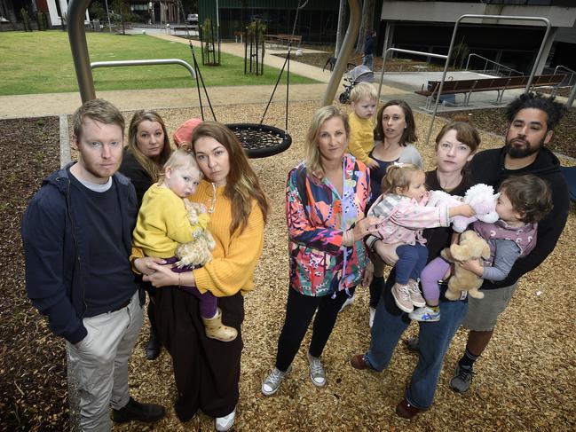 Brielle Pope (centre) and other Collingwood parents raised their concerns about the renovated Cambridge St Reserve in Collingwood late in 2023. Picture: Andrew Henshaw