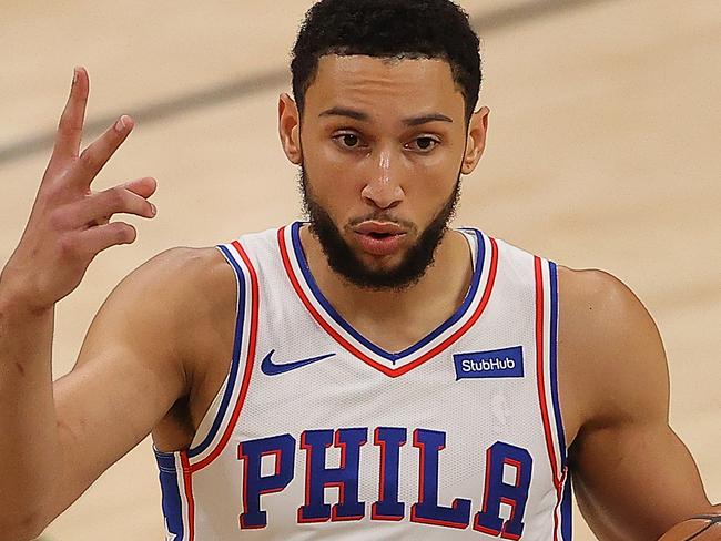 ATLANTA, GEORGIA - JUNE 18:  Ben Simmons #25 of the Philadelphia 76ers calls out a play against the Atlanta Hawks during the first half of game 6 of the Eastern Conference Semifinals at State Farm Arena on June 18, 2021 in Atlanta, Georgia.  NOTE TO USER: User expressly acknowledges and agrees that, by downloading and or using this photograph, User is consenting to the terms and conditions of the Getty Images License Agreement. (Photo by Kevin C. Cox/Getty Images)