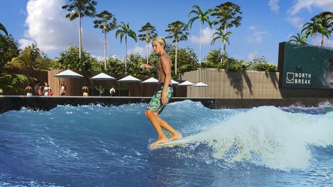 An artist’s impression of a surfer at NorthBreak Port Douglas. Image: Hunt Design