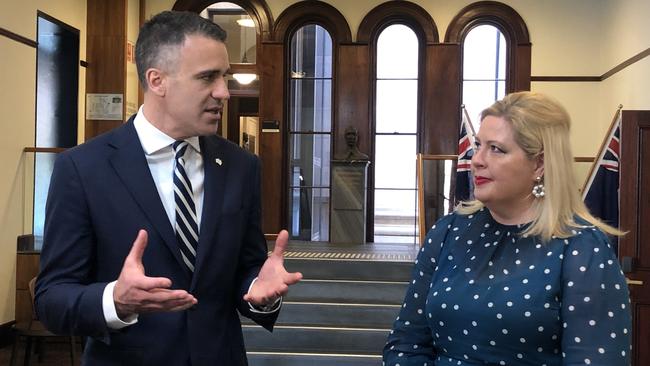 State Labor frontbencher Katrine Hildyard – who holds several portfolios including child protection, women, sport and the arts – with Opposition Leader Peter Malinauskas. Picture: Emily Cosenza