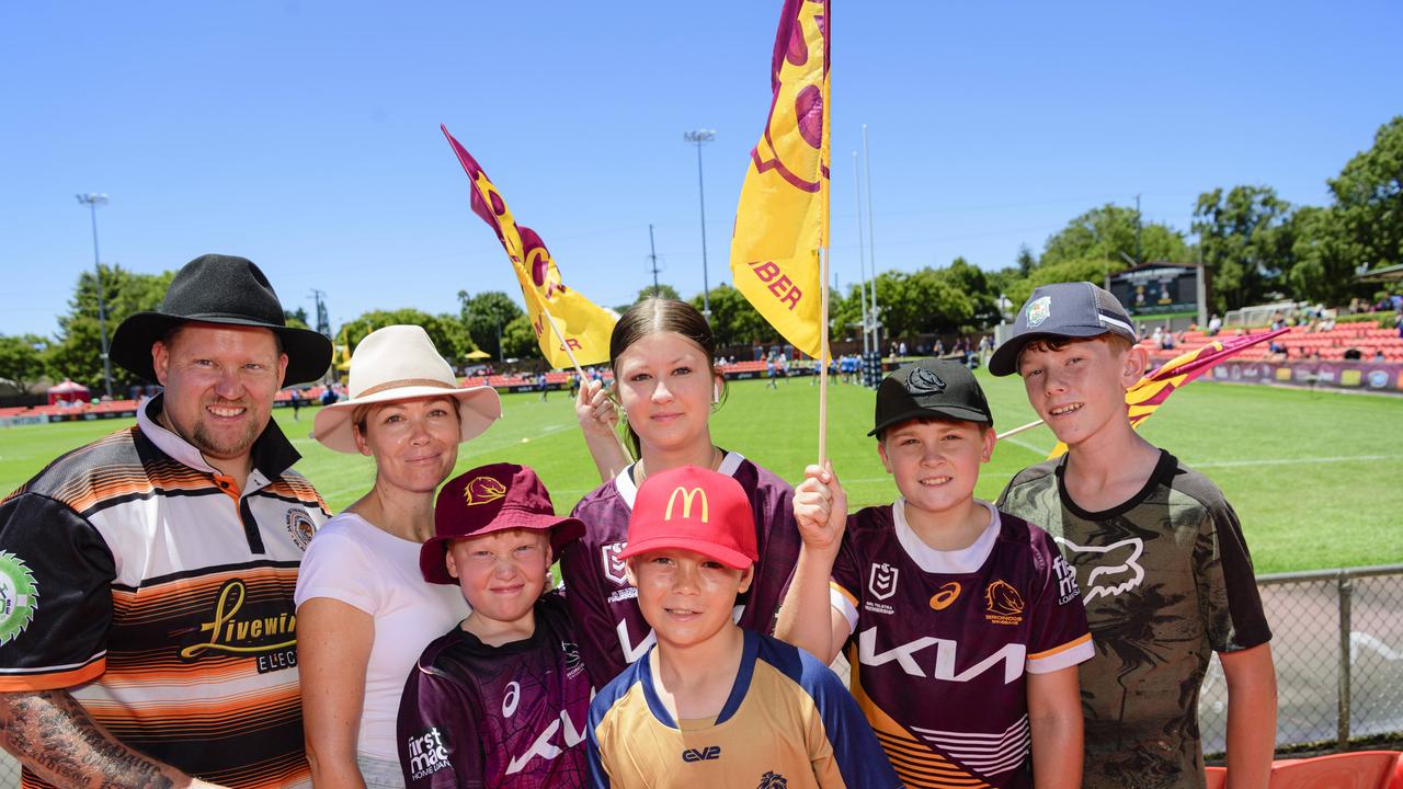 At the NRL Pre-Season Challenge game between Broncos and Titans are (from left) Nic Jensen, Tanya Jensen, Ryland Jensen, Jonah Pavey, Maddison Jensen, Kobi Jensen and Lachlan Francisco at Toowoomba Sports Ground, Sunday, February 16, 2025. Picture: Kevin Farmer