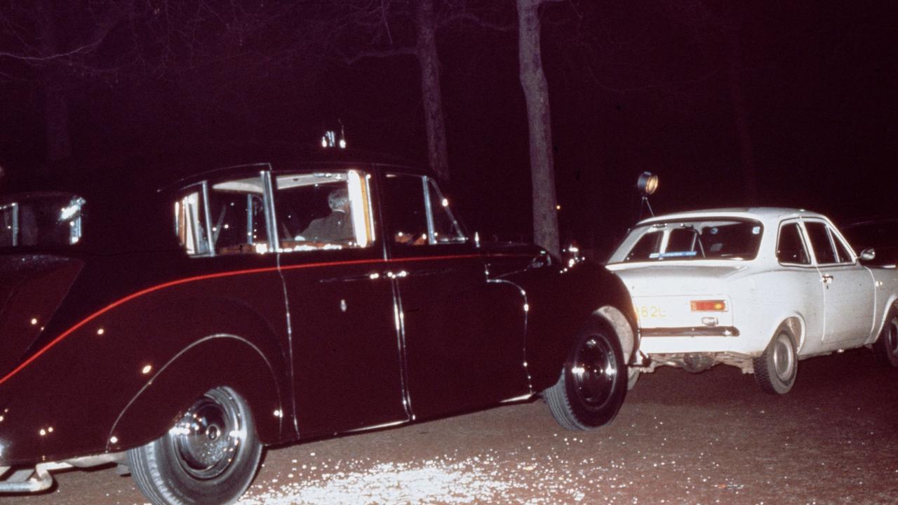 The aftermath of Ian Ball’s attempt to kidnap Princess Anne. Ball’s white Ford Escort is parked blocking the path of the Princess’ Rolls Royce limousine. Picture: Hulton Archive/Getty Images