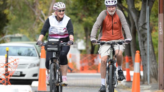 Cyclist Amy Gillett’s parents Mary and Denis Safe on the Frome St bikeway. Picture: David Cronin