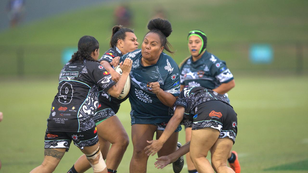 Joanna Faatoafe with a strong carry for the Territory All Stars in the 2023 Deadly Cup Carnival women’s match. Picture: Pema Tamang Pakhrin