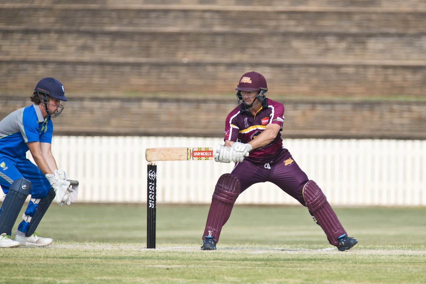 Australian Country XI wicketkeeper Cameron Williams and Andy Bichel of Bulls Masters in Australian Country Cricket Championships exhibition match at Heritage Oval, Sunday, January 5, 2020. Picture: Kevin Farmer