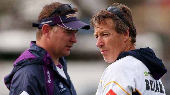 Melbourne Storm training at Gosch's Paddock, Melbourne 28th August 2013 Picture by Colleen Petch. Coach CRaig Bellamy at training with development coach Adam O'Brien