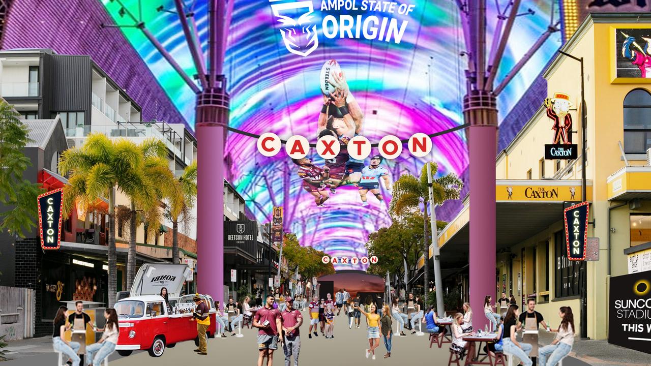 Artist impressions of what Caxton Street could look like inspired by Fremont Street in Las Vegas. Picture: Suncorp Stadium.