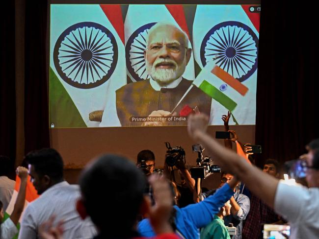 India's Prime Minister Narendra Modi congratulates the Indian Space Research Organisation (ISRO) for the successful lunar landing of Chandrayaan-3 spacecraft. Picture: AFP