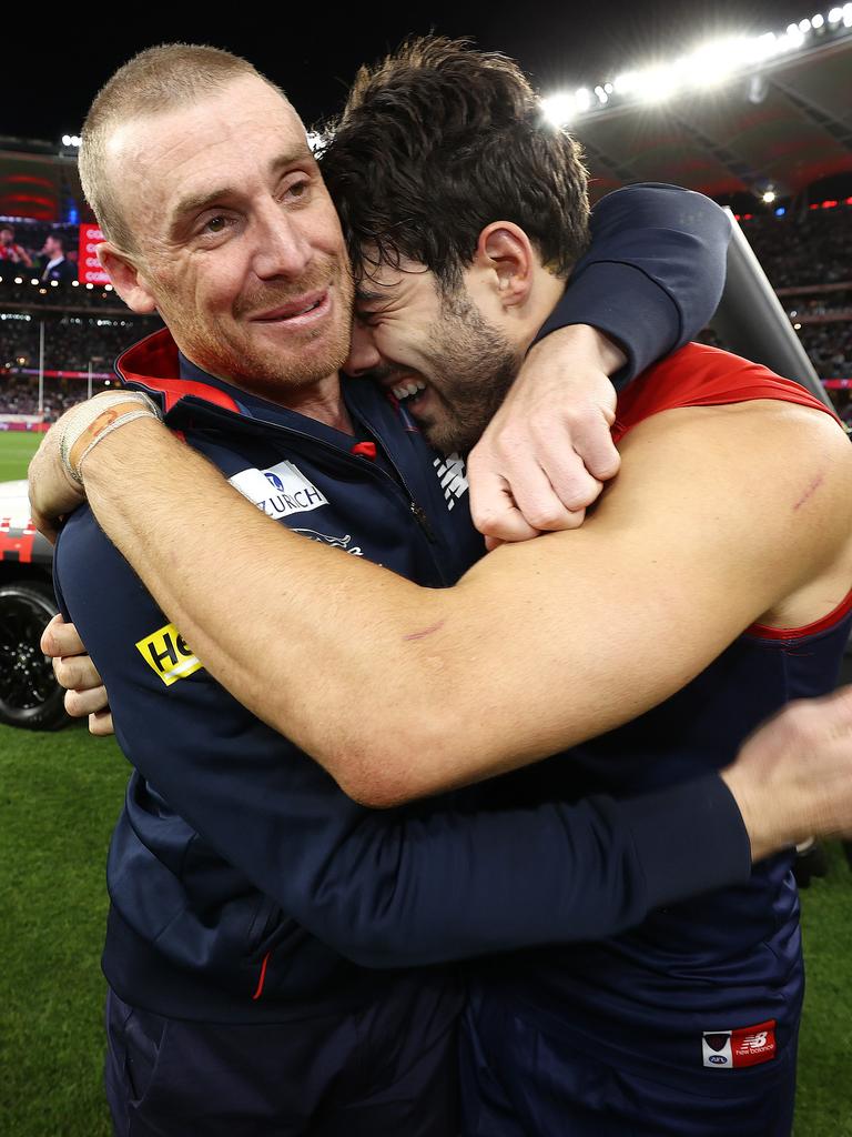 Seior coach Simon Goodwin embraces Christian Petracca. Picture: Michael Klein