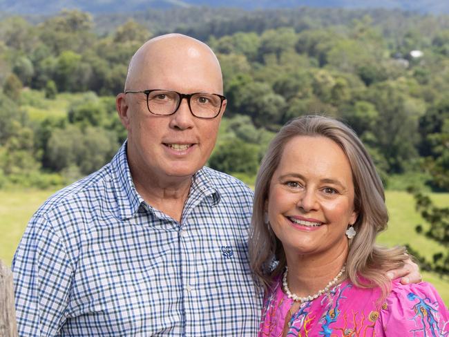 Opposition Leader Peter Dutton with his wife Kirilly and their dog Ralph at their Queensland property, north of Brisbane. Picture: Paul Harris