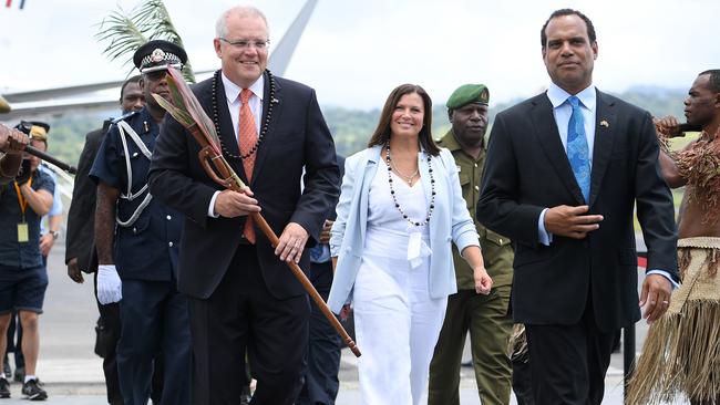 Australian Prime Minister Scott Morrison and Jenny Morrison with Vanuatu Minister of Foreign Affairs Ralph Regenvanu. Picture: AAP