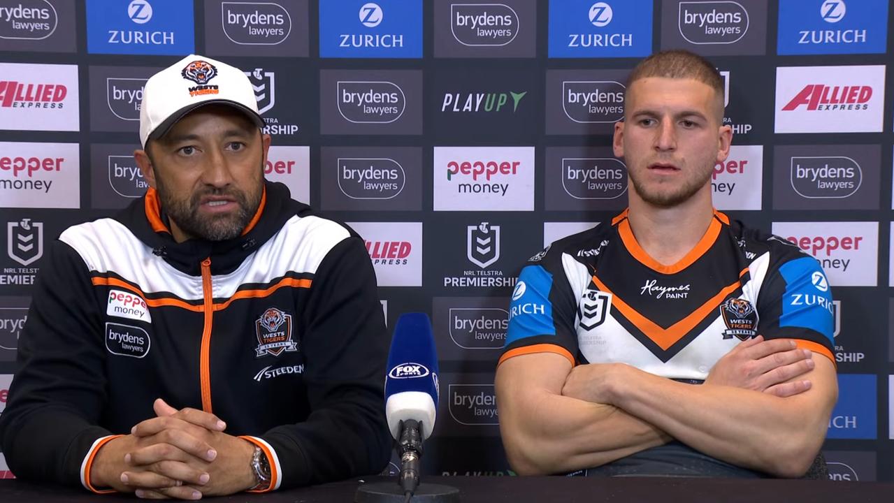 Benji Marshall and Adam Doueihi after the Wests Tigers' Round 20 loss.