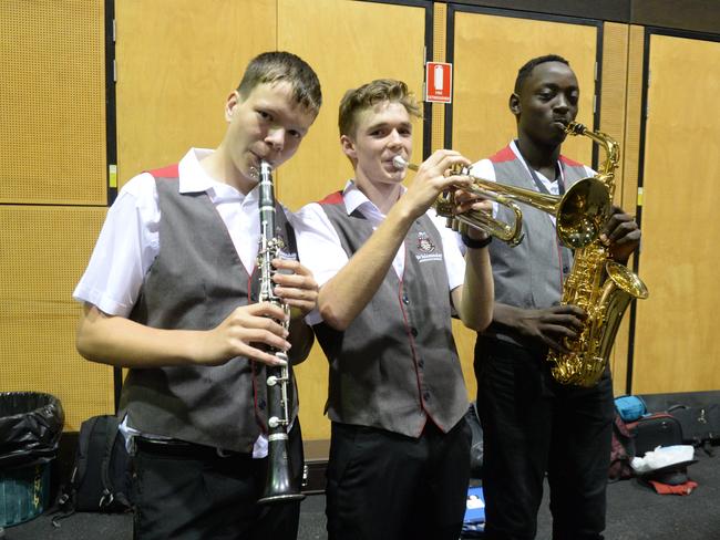 Whitsunday Anglican School Jamie Olacn, 15, William Deeley, 16, Nabeel Salman, 15, on day nine of the 2019 Mackay Eisteddfod. Photo: Zizi Averill