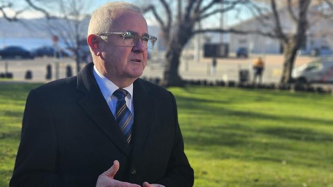 Federal member for Clark Andrew Wilkie announces his intention to stand at the next federal election at a media conference on Parliament Lawns in Hobart on Wednedsay, July 31, 2024.