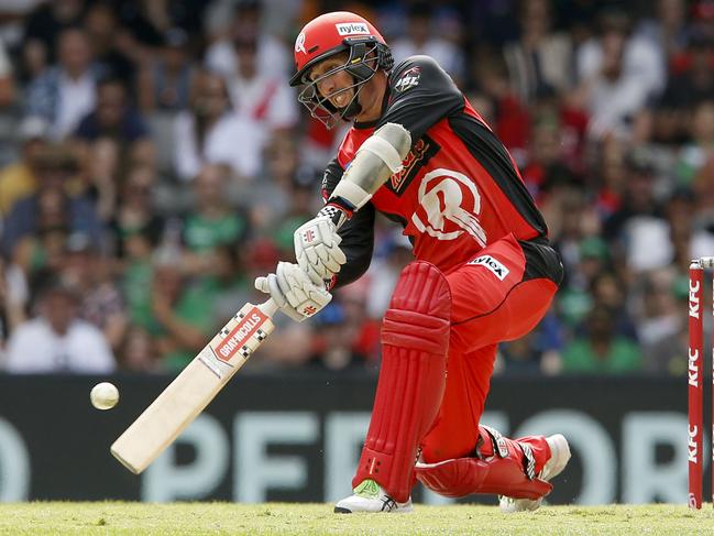 Tom Cooper of the Melbourne Renegades hits a 6 during the Big Bash League Final match between the Melbourne Renegades and the Melbourne Stars at Marvel Stadium on February 17, 2019 in Melbourne, Australia. (Photo by Darrian Traynor/Getty Images)