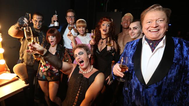 Bert Newton, as the narrator, with the case of the Rocky Horror Show. Picture: Bob Barker