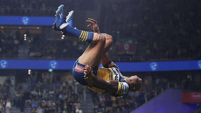 Blake Ferguson of the Eels celebrates a try that was disallowed. Photo: Mark Metcalfe/Getty Images