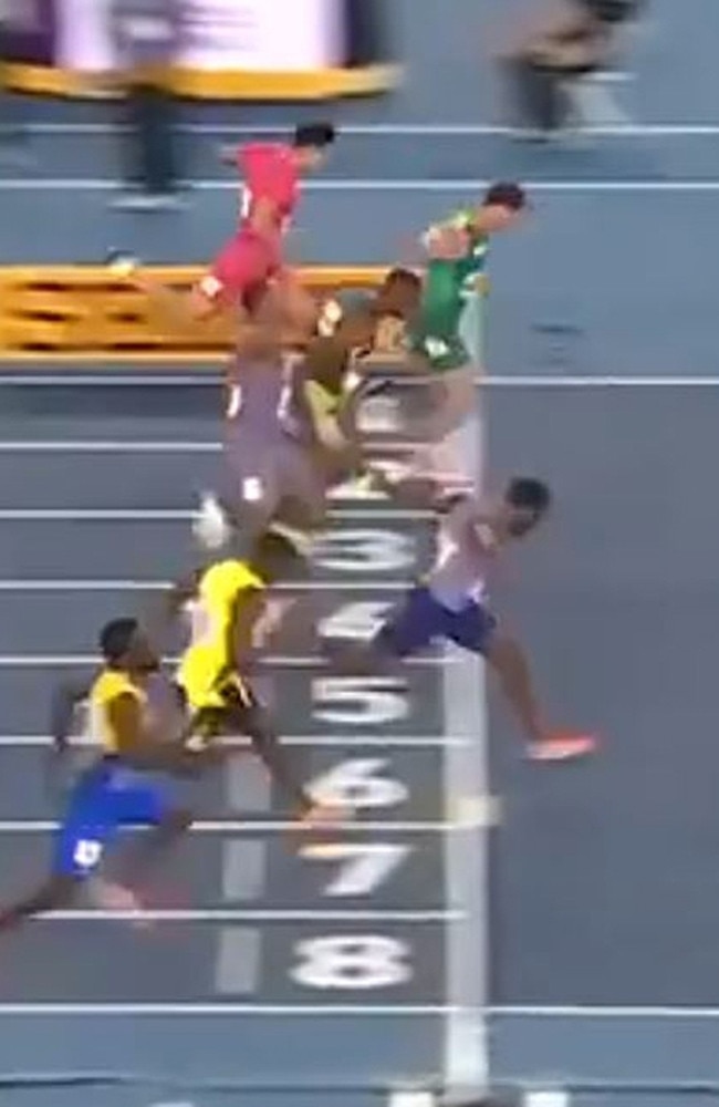 How close Australian sprint sensation Lachlan Kennedy came to winning the 60m final. Picture: X