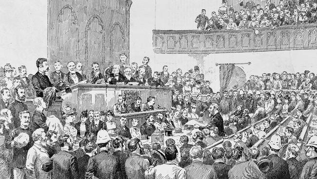 Murderer Frederick Deeming in the dock during the 1892 inquest in Melbourne into the murder of Emily Mather in Windsor, Melbourne. Picture: State Library of Victoria.