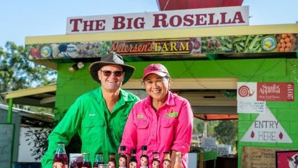 CC Diaz Petersen (left) and her husband, Greg Petersen (right) are gearing up for their ninth annual Rosella Field Day. Woolooga’s Big Rosella Field Days are back for 2024, bringing an explosion of colour, flavour and creativity to the region with a new program including chef demos, farm tours and a brand new creative experience on May 4-5. Photo: Supplied