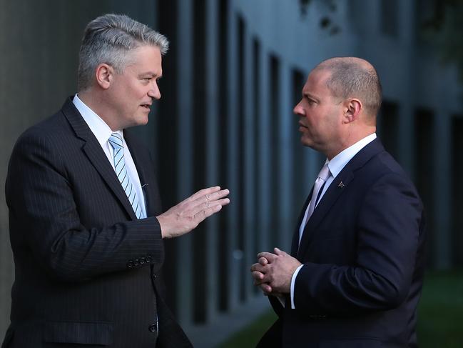 Cormann and Treasurer Josh Frydenberg in 2019. Picture: Kym Smith