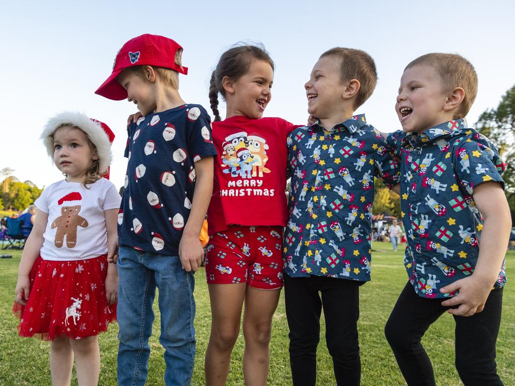 Waiting for Santa are (from left) Bella Gray, Beau Gray, Aria Ernst, Leo Scott and Cruz Scott at the Triple M Mayoral Carols by Candlelight, Sunday, December 11, 2022. Picture: Kevin Farmer