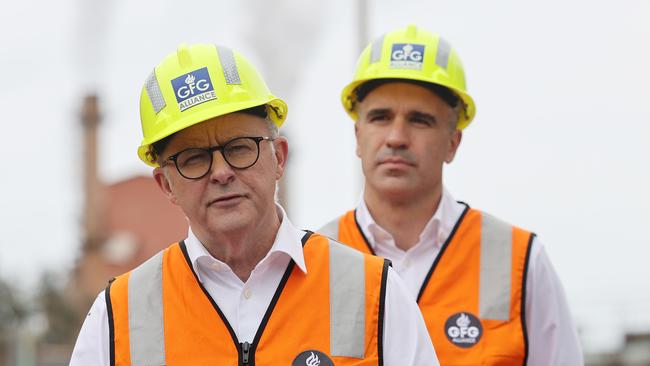 ADELAIDE, AUSTRALIA - NewsWire Photos September 25 2023: Australian Prime Minister Anthony Albanese and South Australian Premier Peter Malinauskas speak to the media during a visit to the Whyalla steelworks. NCA NewsWire / David Mariuz