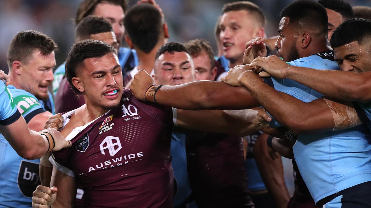 Tino Fa’asuamaleaui and Payne Haas attempt to go toe-to-toe in Origin II. Picture: Mark Kolbe/Getty Images