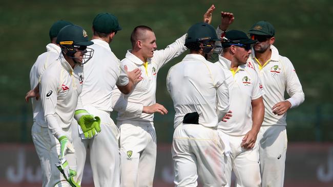 Marnus Labuschagne, centre, was a surprise strike weapon for Australia. Picture: Getty