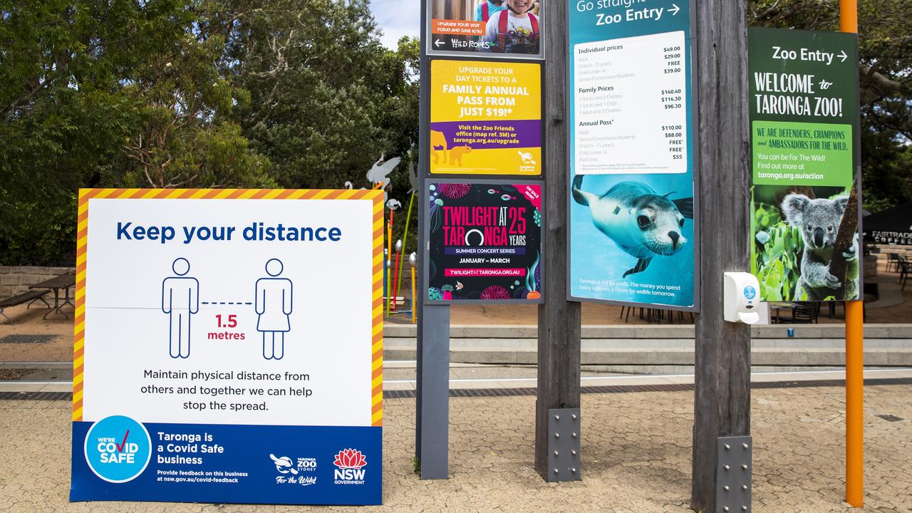 A sign warning of the 1.5 metre rule at Sydney’s Taronga Zoo. Picture: Jenny Evans/Getty Images