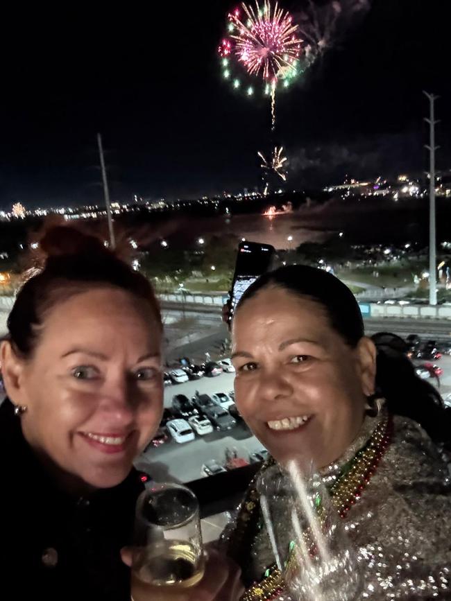 Adelaide woman Michelle Tobin and her cousin Nikki Foy at midnight on New Year’s Eve on a rooftop watching fireworks, around five blocks from Bourbon St. Picture: Michelle Tobin