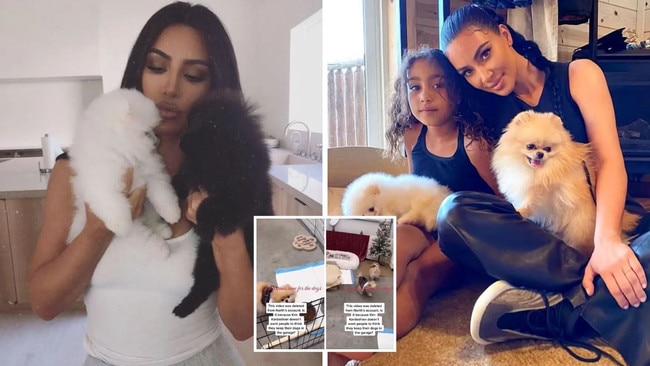 Kim Kardashian is under fire for posting — and deleting — a TikTok video of her dogs appearing to live in her garage. Picture: kimkardashian/Instagram