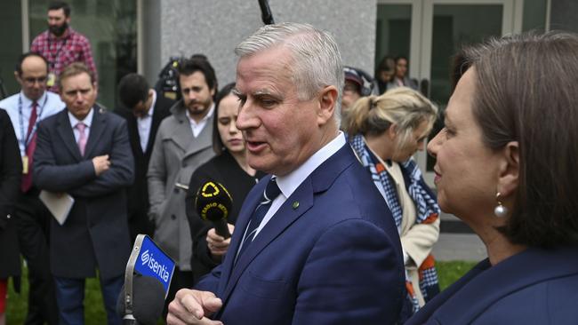 Michael McCormack and wife Catherine Shaw address the media. Picture: NCA NewsWire / Martin Ollman