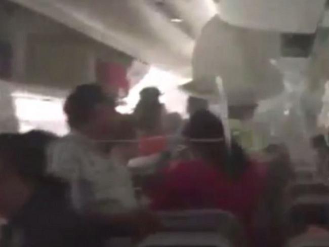 Dramatic footage from inside an Emirates plane that crash landed in Dubai. Picture: Supplied