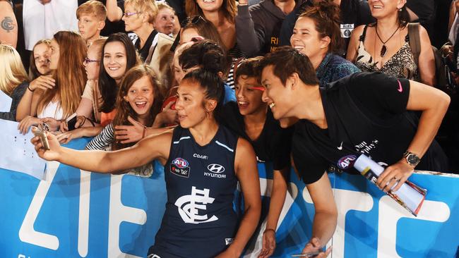 Darcy Vescio with fans at AFLW first game - Collingwood v Carlton .Picture:Rob Leeson